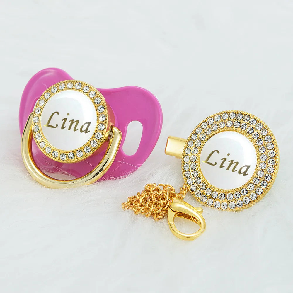 MIYOCAR Personalized any name gold white bling pacifier and pacifier clip BPA free dummy bling unique design PWG