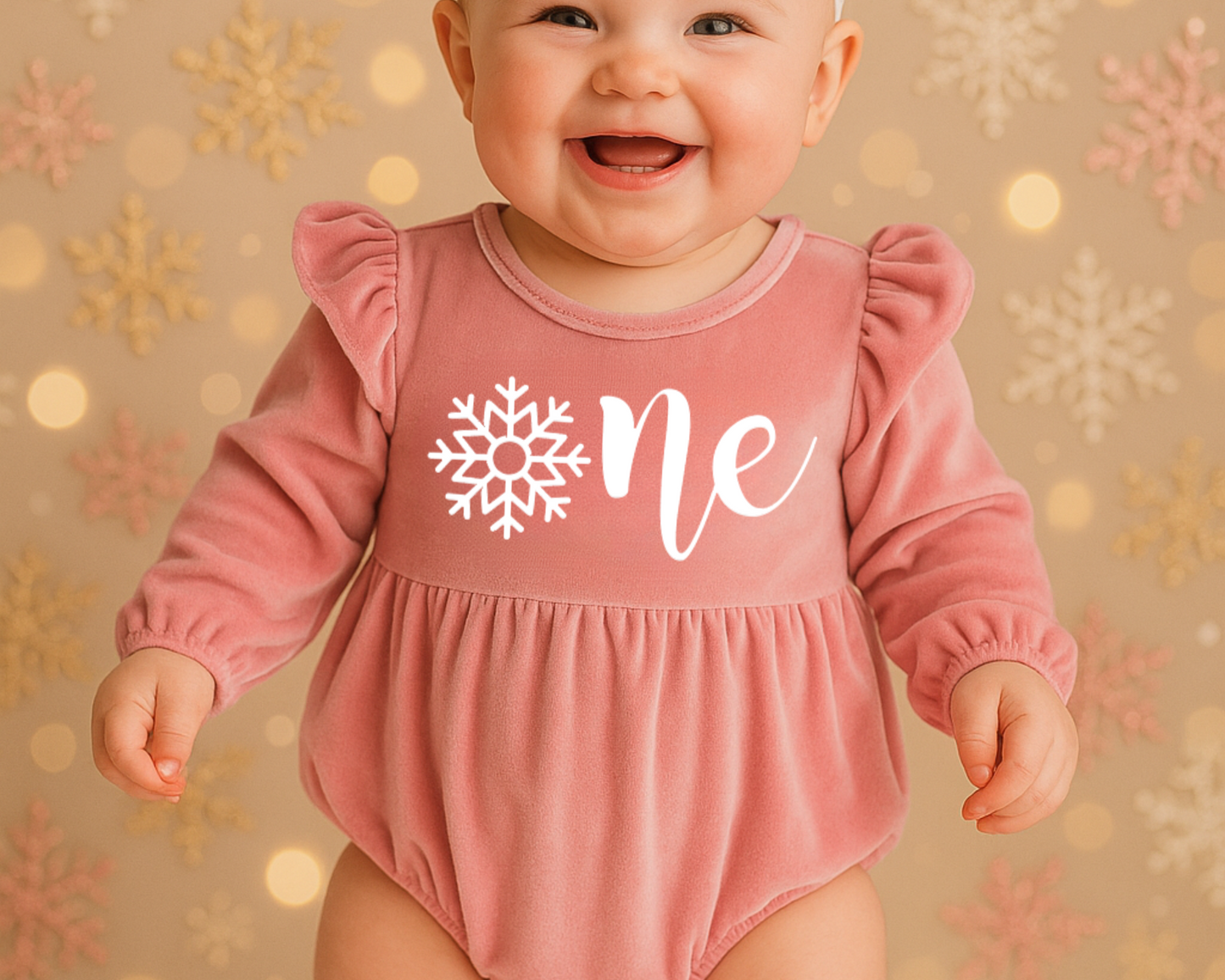 Baby girl in purple Onederland snowflake romper for 1st birthday cake smash photoshoot.