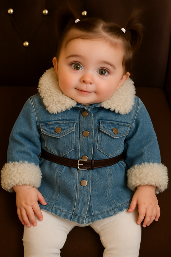 Child wearing a blue denim coat with white fur trim on a dark background