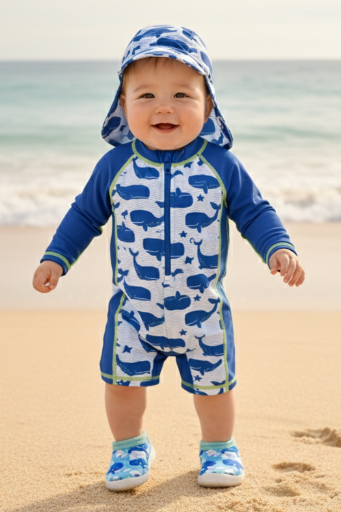 Child in a blue and white swimsuit with shark pattern on a sandy beach.