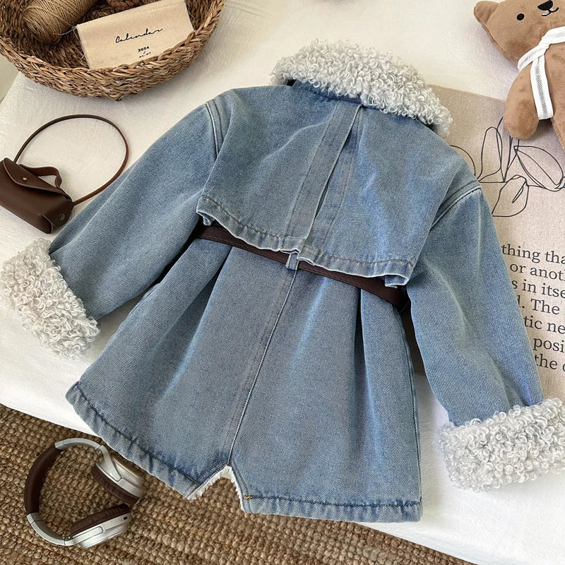 Winter Girls Denim Sherpa Jacket with Belt