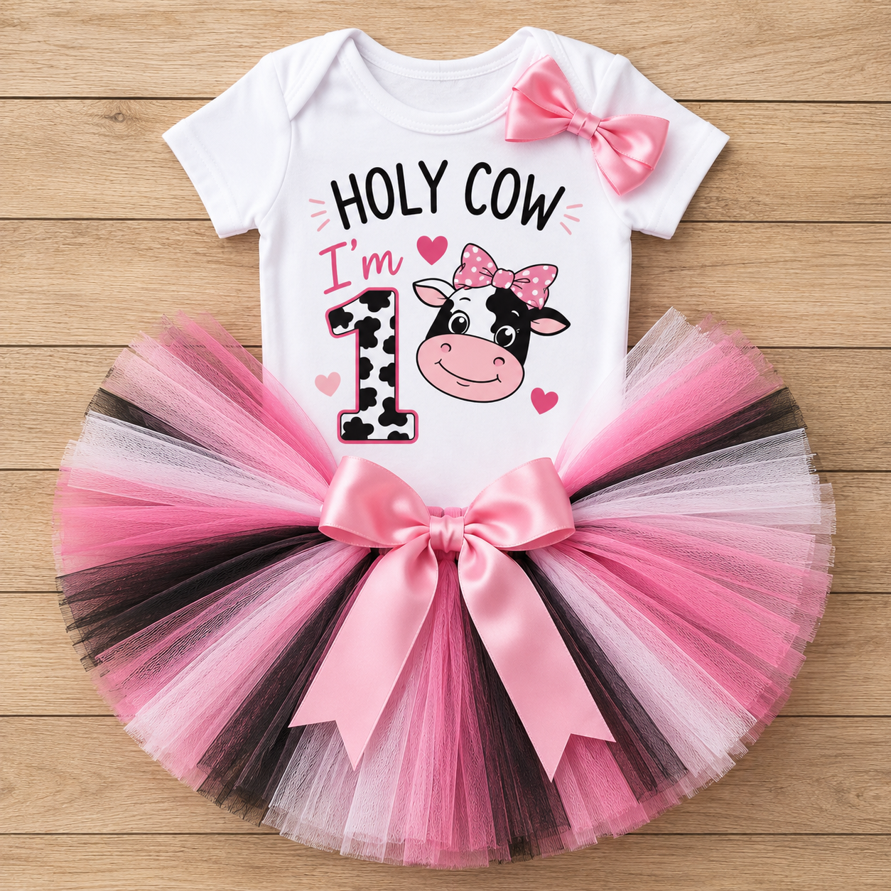 Holy Cow I’m One baby girl first birthday outfit with cow print bodysuit, pink black and white tutu and matching bow
