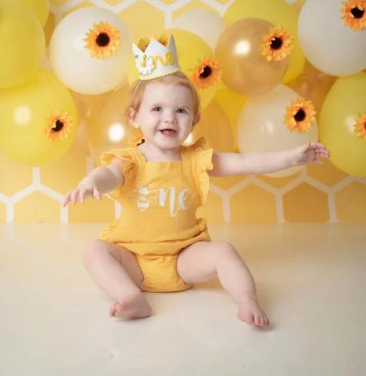 Baby girl wearing a bumble bee romper for her 1st birthday cake smash photoshoot