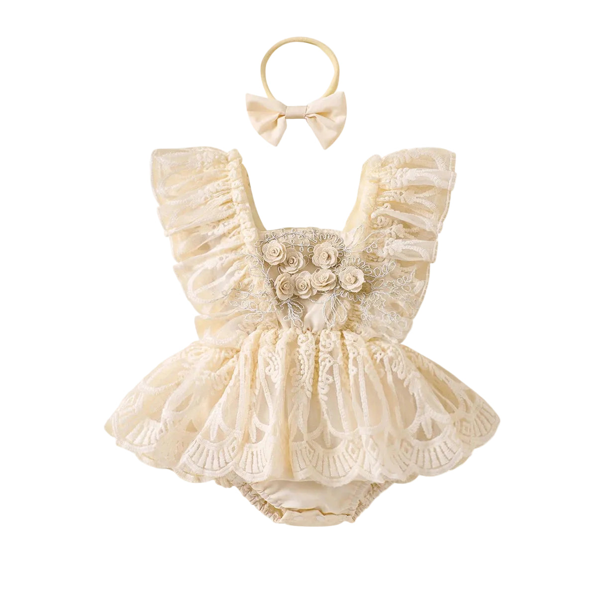 Beige baby romper with floral details and matching headband on a white background, featuring the A&BABY brand.