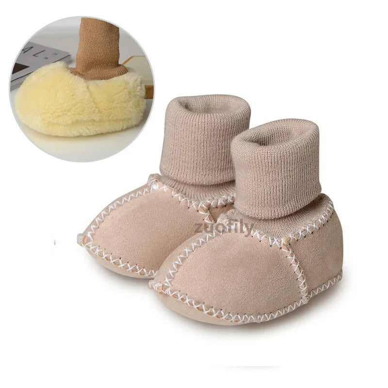 0-1Y Baby Suede Leather Thick Shoes Infants Winter Plush Booties Fur Girls Booties Unisex Sheepskin Kids Boy Floor First Walkers