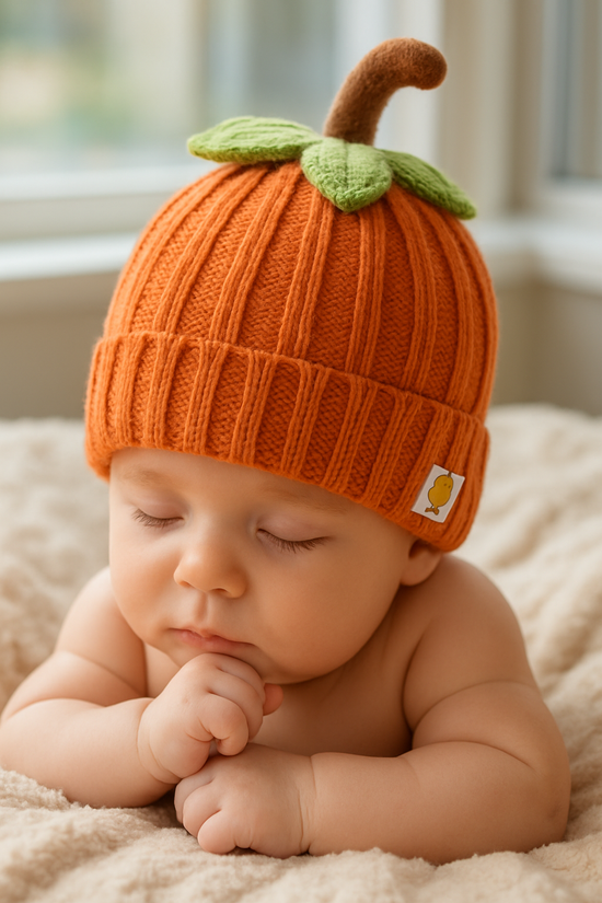 Baby wearing an orange knit pumpkin hat on a soft surface.